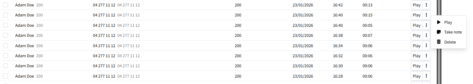Liste des enregistrements avec actions