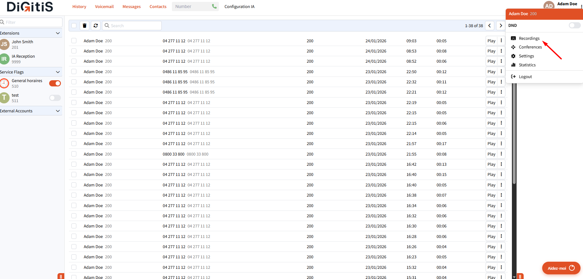 Menu Digitis Cloud - accès aux enregistrements