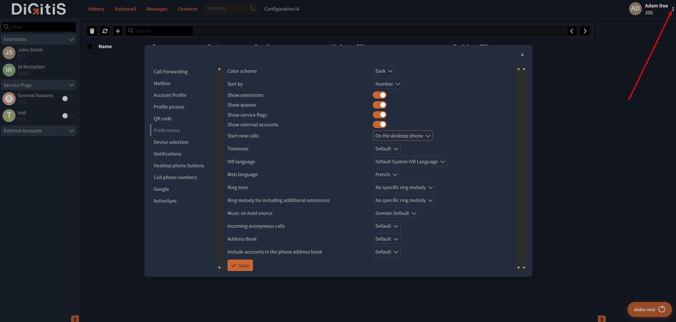 Accès aux paramètres - cliquez sur votre nom en haut à droite