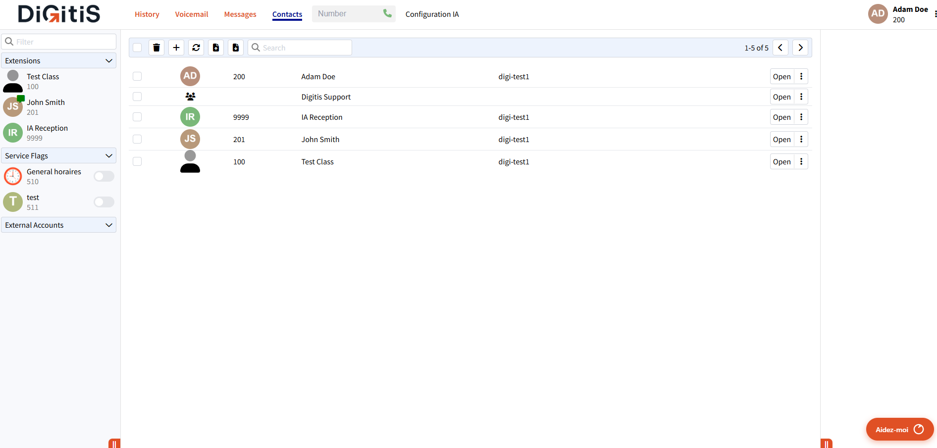 Liste des contacts dans Digitis Cloud