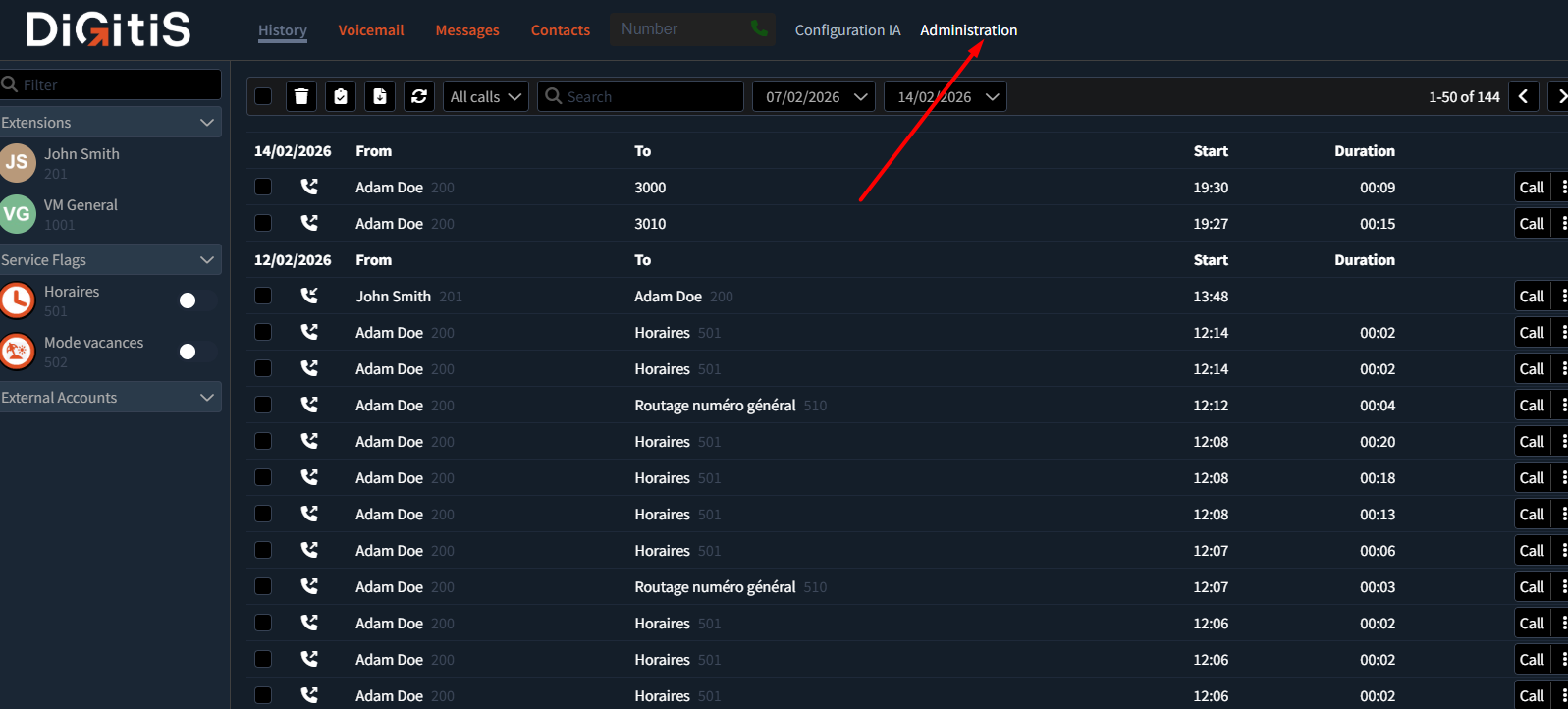 Bouton Administration dans le webphone Digitis Cloud