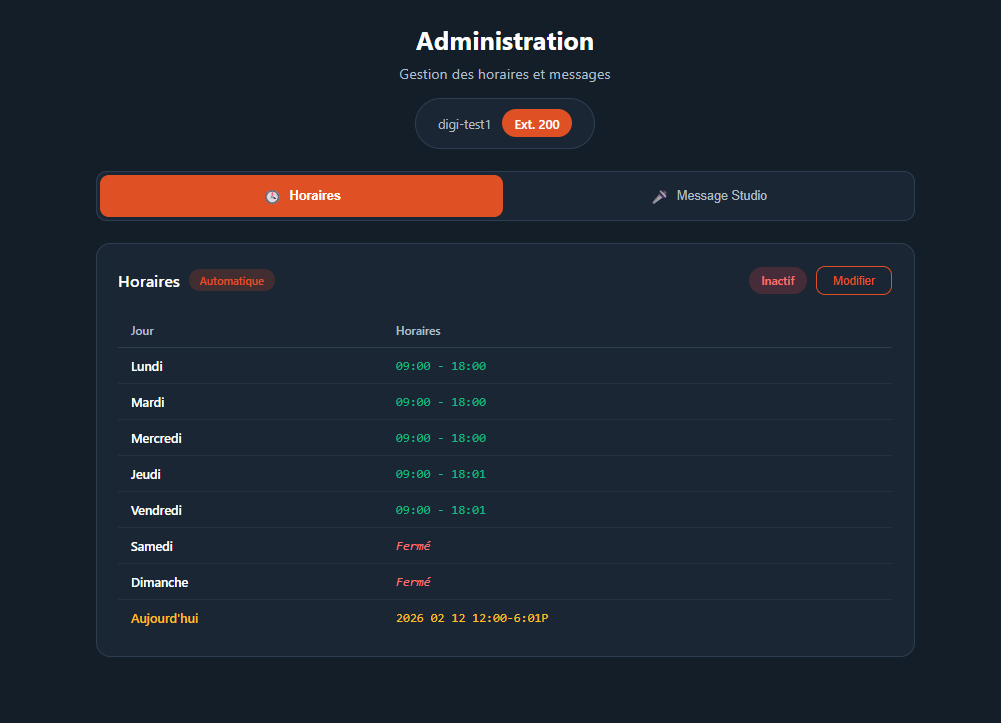 Onglet Horaires du portail d'administration Digitis Cloud