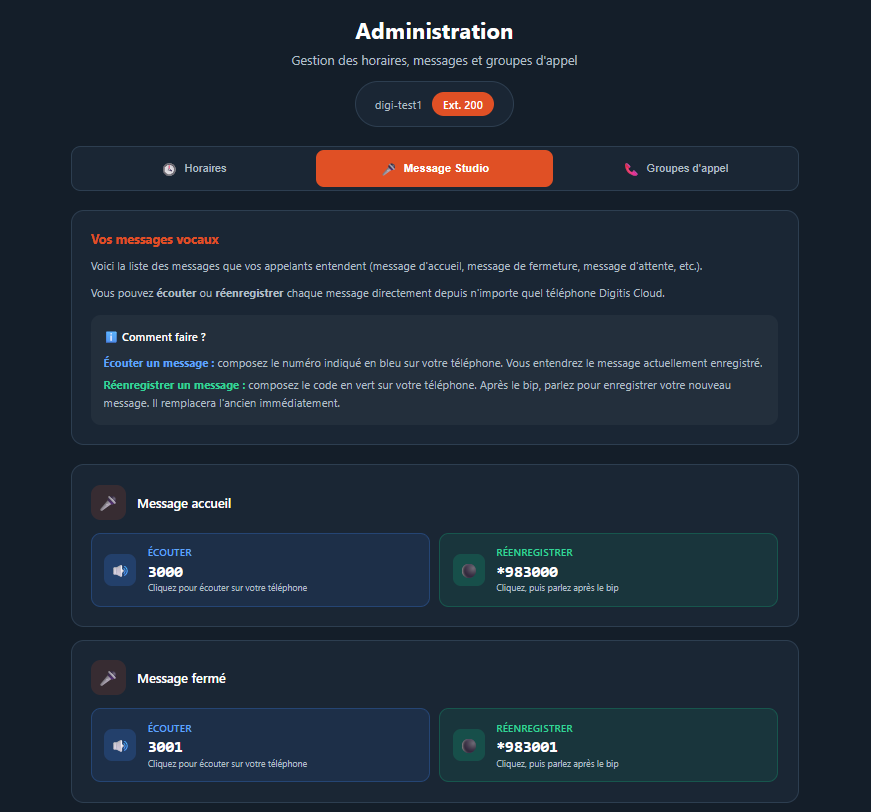 Onglet Message Studio du portail d'administration Digitis Cloud
