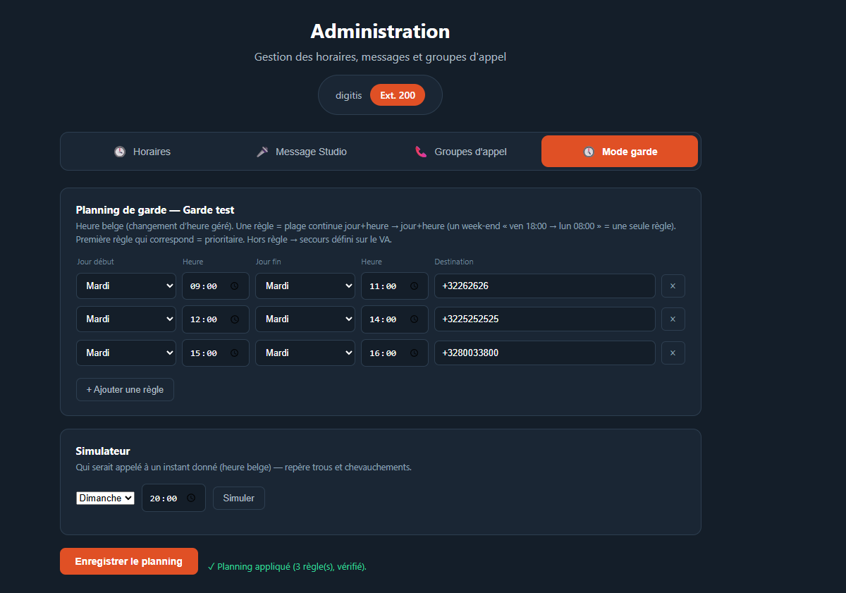 Onglet Mode de garde du portail d'administration Digitis Cloud