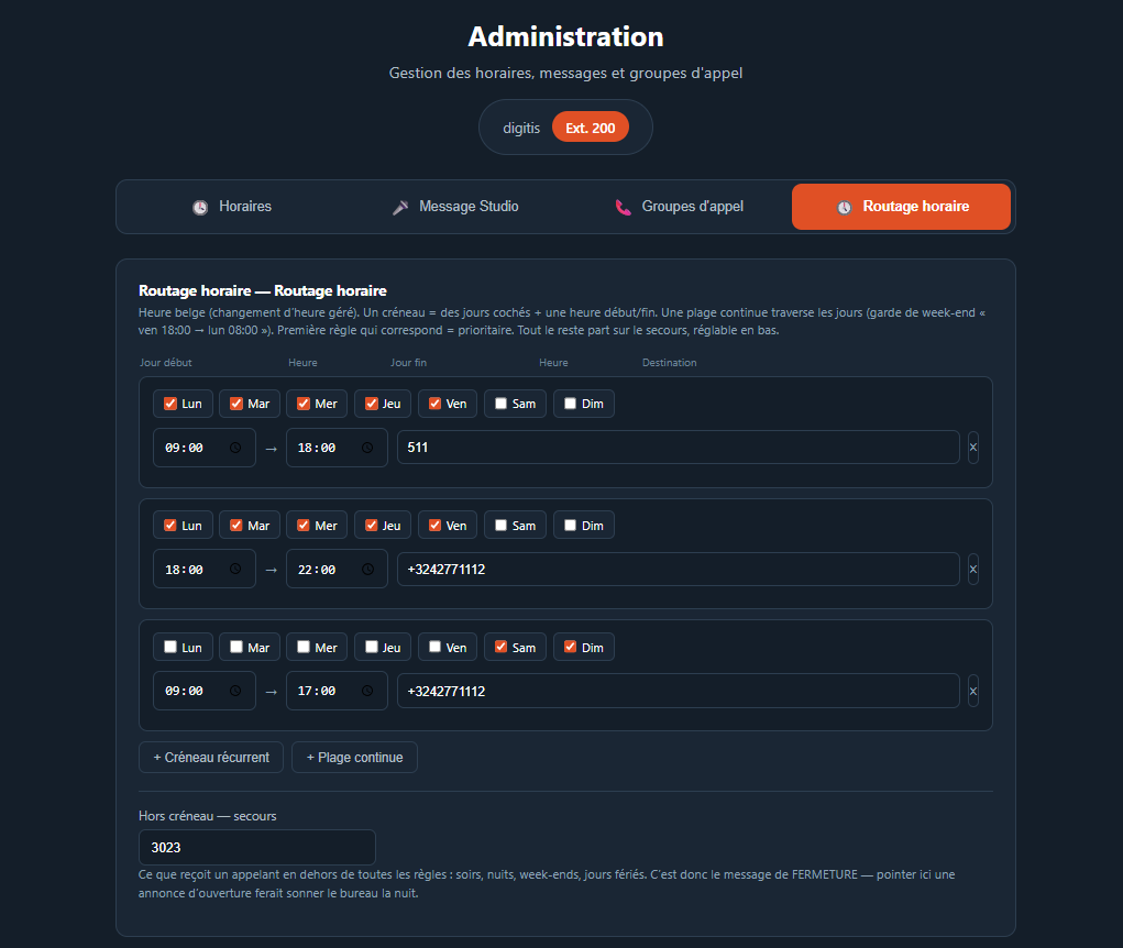 Onglet Routage horaire du portail d'administration Digitis Cloud