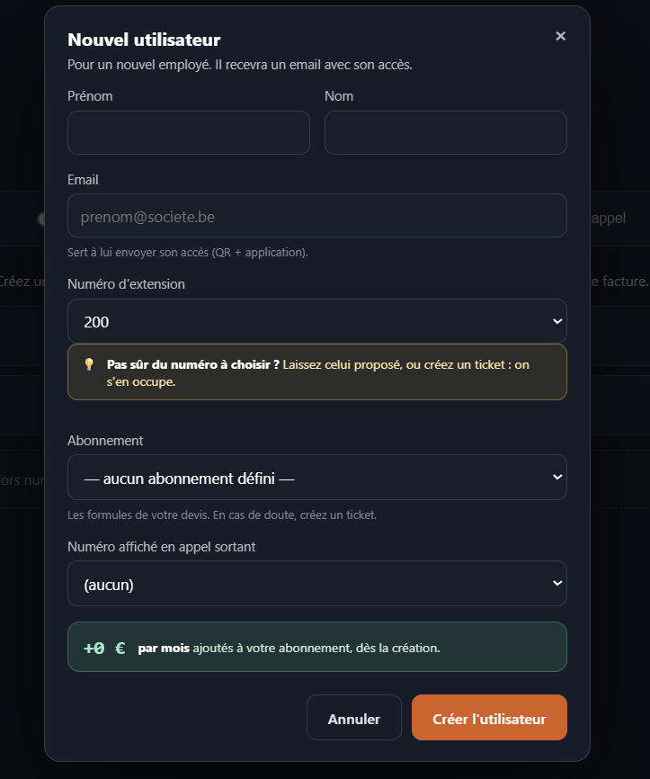 Formulaire d'ajout d'un utilisateur dans le portail d'administration Digitis Cloud