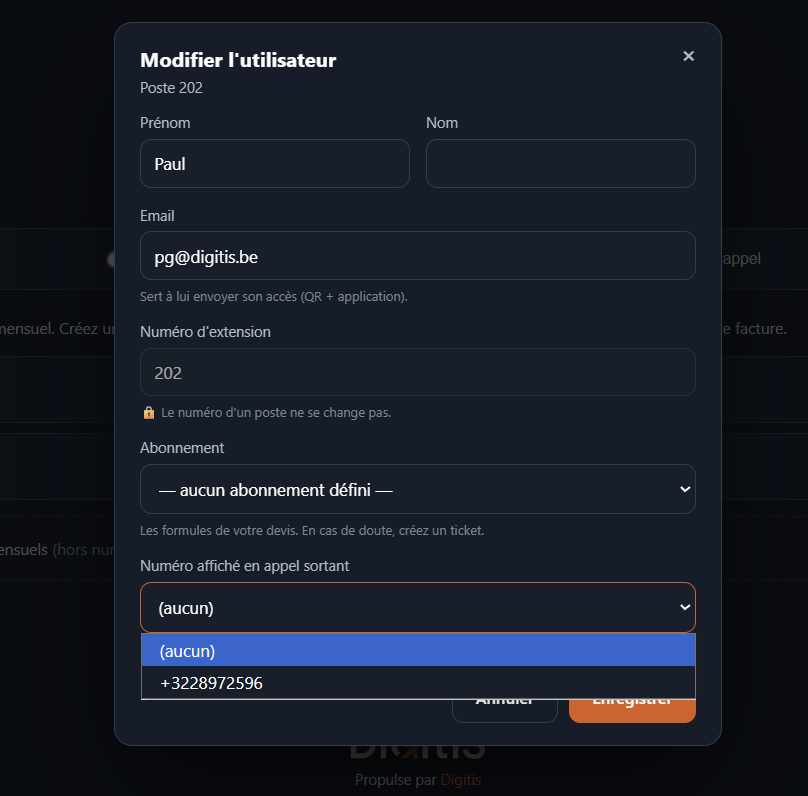 Modification d'un utilisateur dans le portail d'administration Digitis Cloud