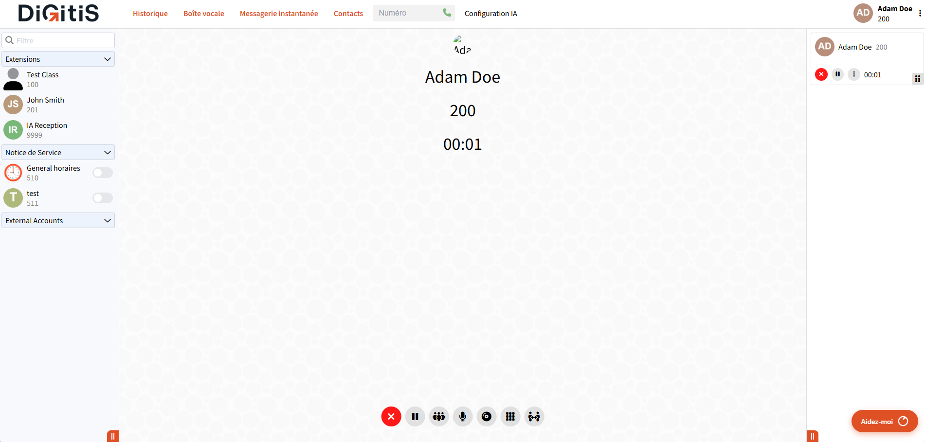 Écran d'appel actif - durée, contact et boutons de contrôle