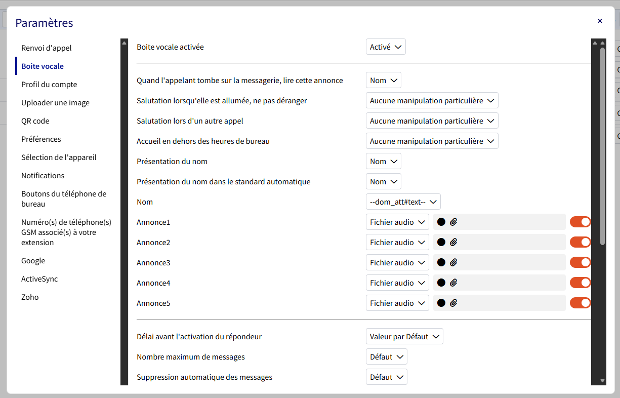 Paramètres - Boîte vocale
