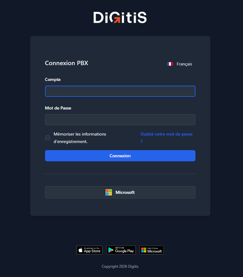 Page de connexion Digitis Cloud - choisissez votre langue avec le drapeau en haut à droite