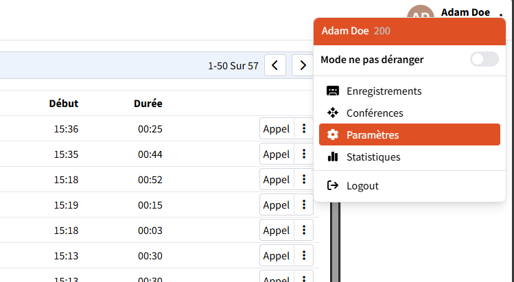 Menu utilisateur - cliquez sur votre nom puis Paramètres
