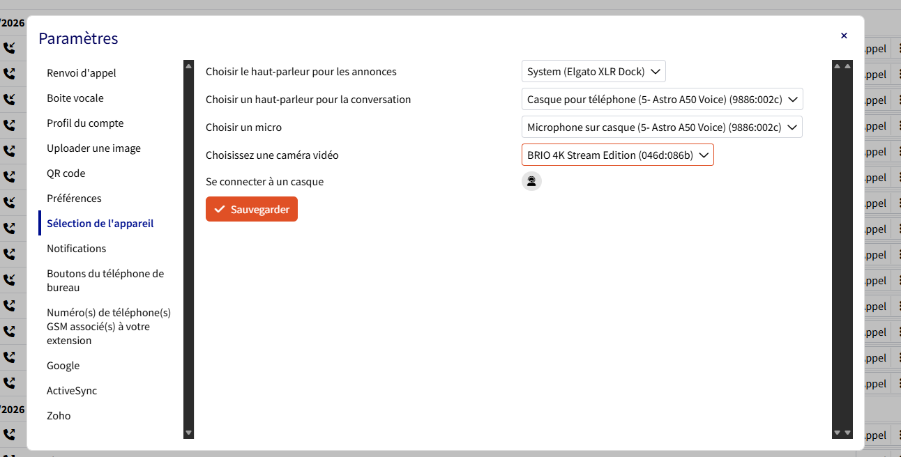 Paramètres - Sélection de l'appareil (micro, haut-parleurs, caméra, casque)