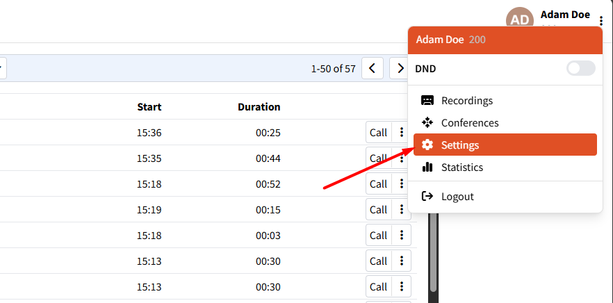 Menu Digitis Cloud - accès aux paramètres