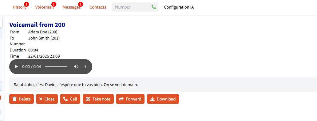 Détail d'un message vocal avec transcription
